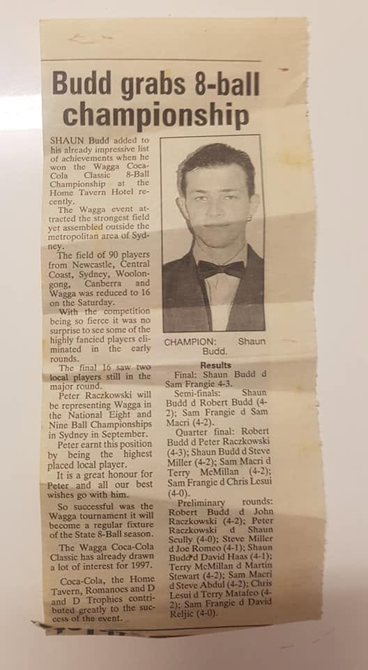 Newspaper clipping: Budd grabs 8-ball championship at the Wagga Coca-Cola Classic