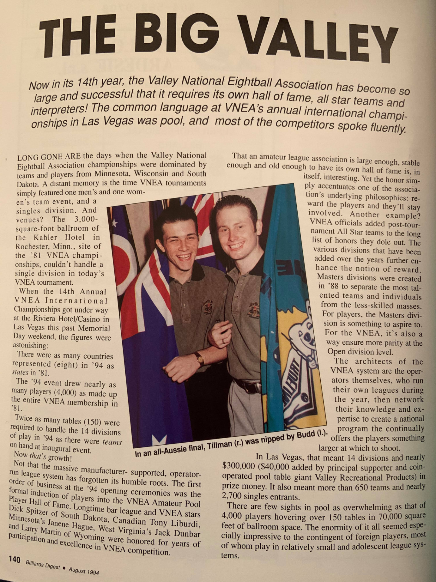 Billiards Digest, August 1994 — all-Aussie VNEA final in Las Vegas, Tillman nipped by Budd