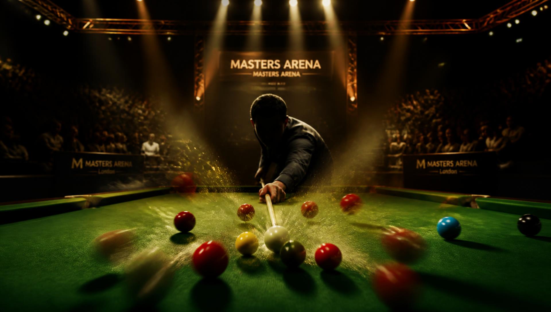 Cinematic cue-sport arena — a player breaking under gold arena lights